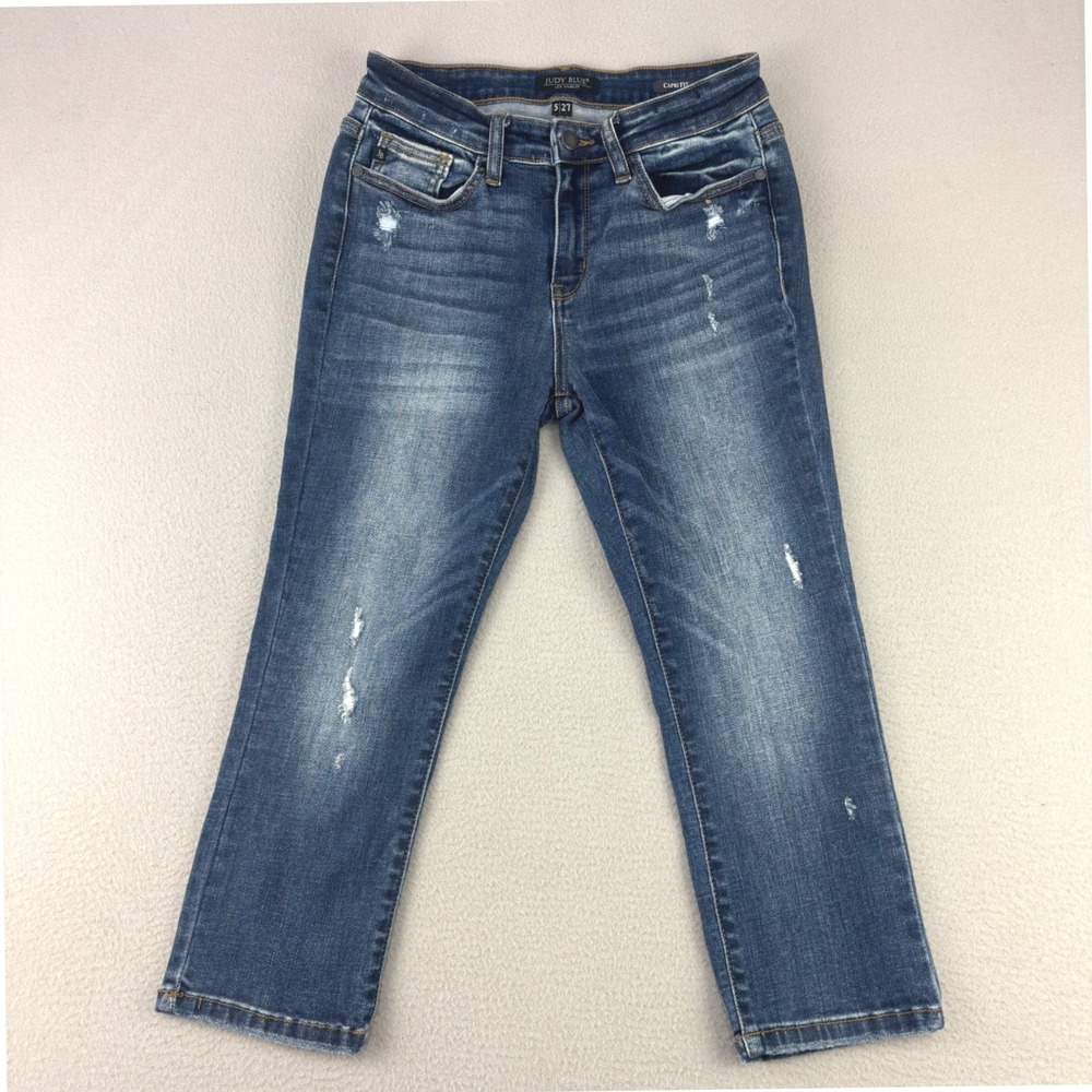 Judy Blue Capri Fit Jeans Women 5/27 Blue Distressed Denim Stretch